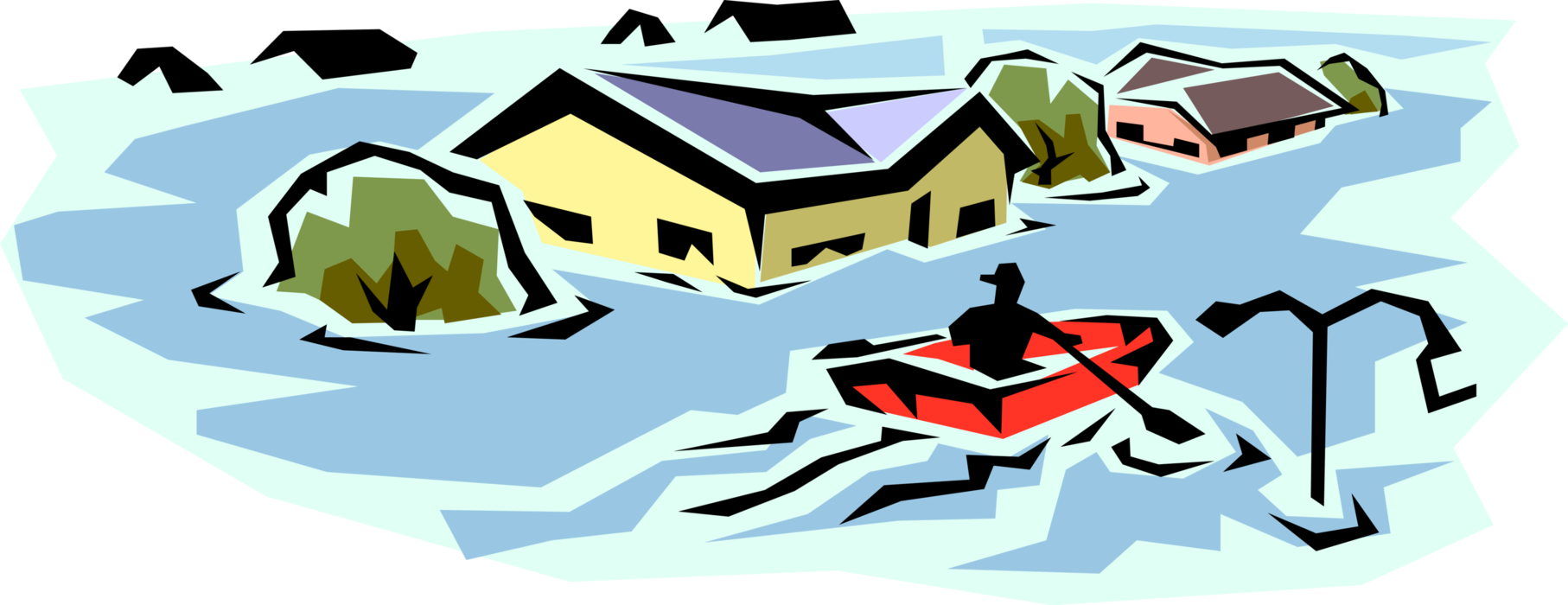 Vector Illustration of Flood Water Disaster Submerges Roads and Houses