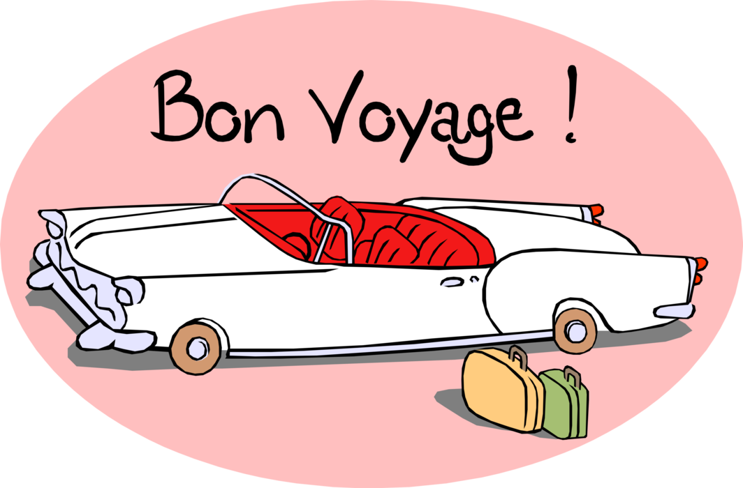 Vector Illustration of Bon Voyage! White Convertible Automobile with Luggage