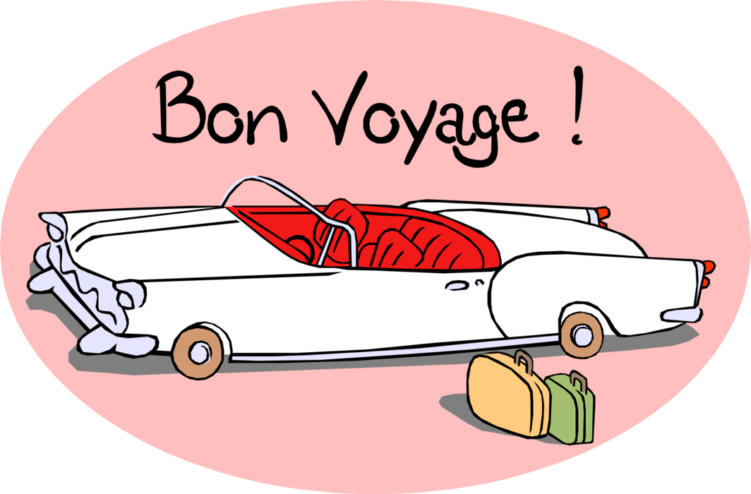 Vector Illustration of Bon Voyage! White Convertible Automobile with Luggage