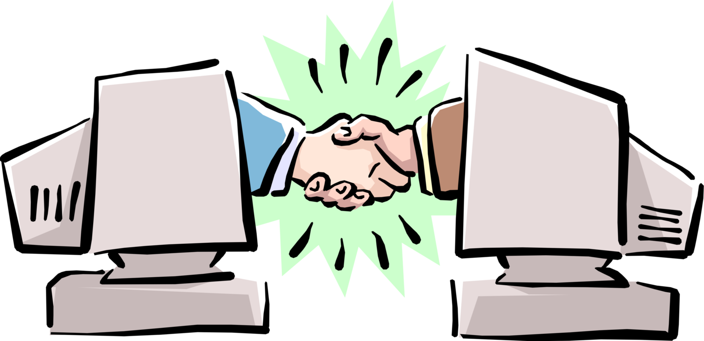 Vector Illustration of Hands Make Handshake Between Two Computers