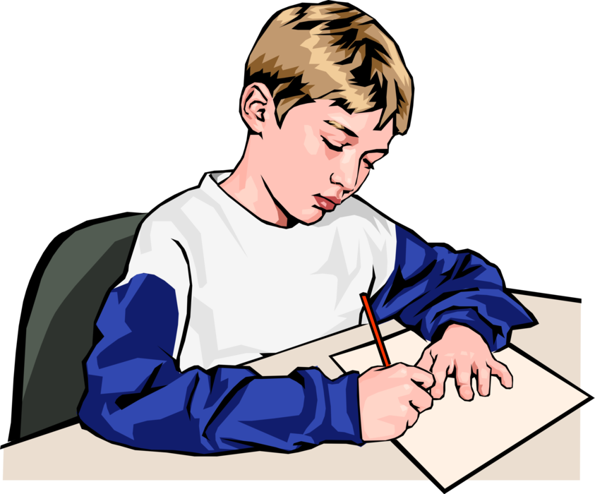 Vector Illustration of Schoolboy Student Writing Answers in School Classroom