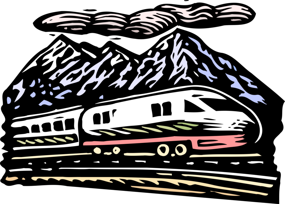 Vector Illustration of Railroad Rail Transport Speeding Locomotive Railway Train with Mountain Range