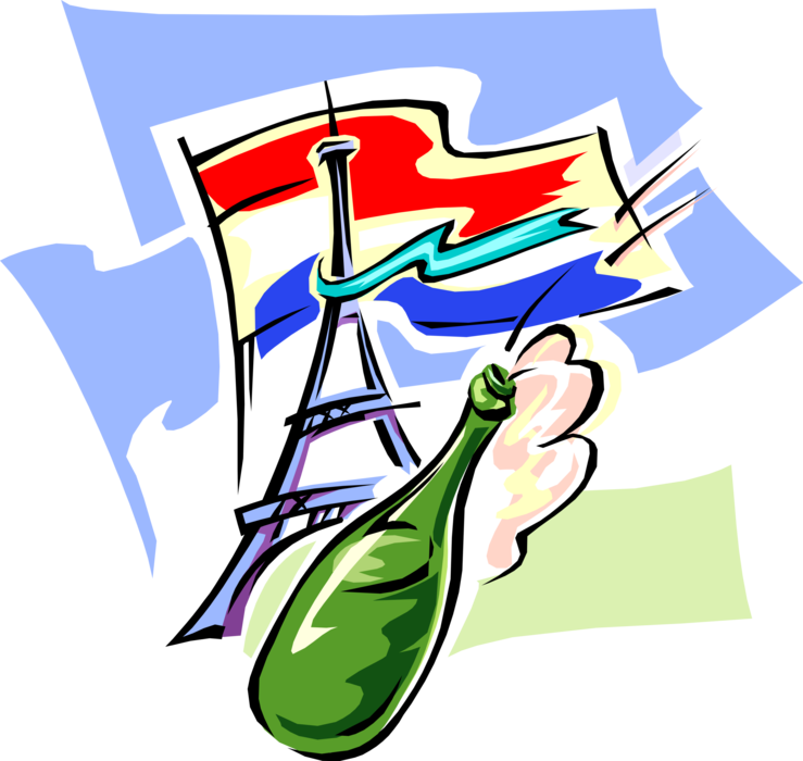 Vector Illustration of Eiffel Tower with French Flag and Champagne Bottle, Paris, France 
