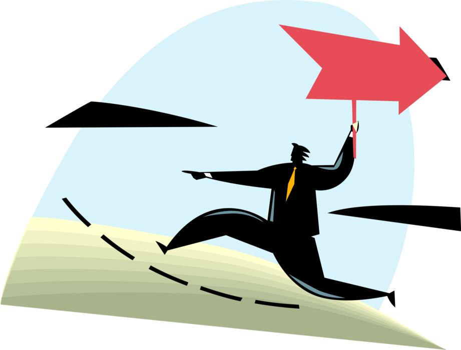 Vector Illustration of Businessman Runs Against the Flow with Directional Arrow