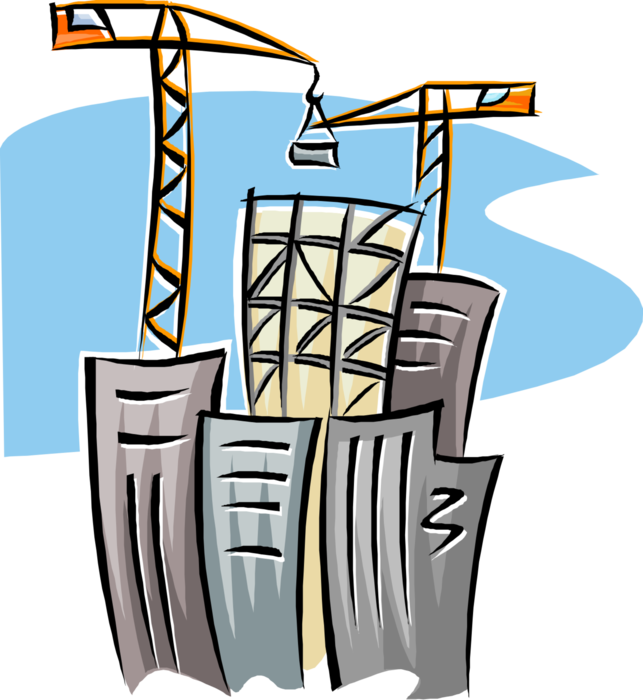 Vector Illustration of Construction Cranes Building New Office Tower in Dense Urban City Downtown