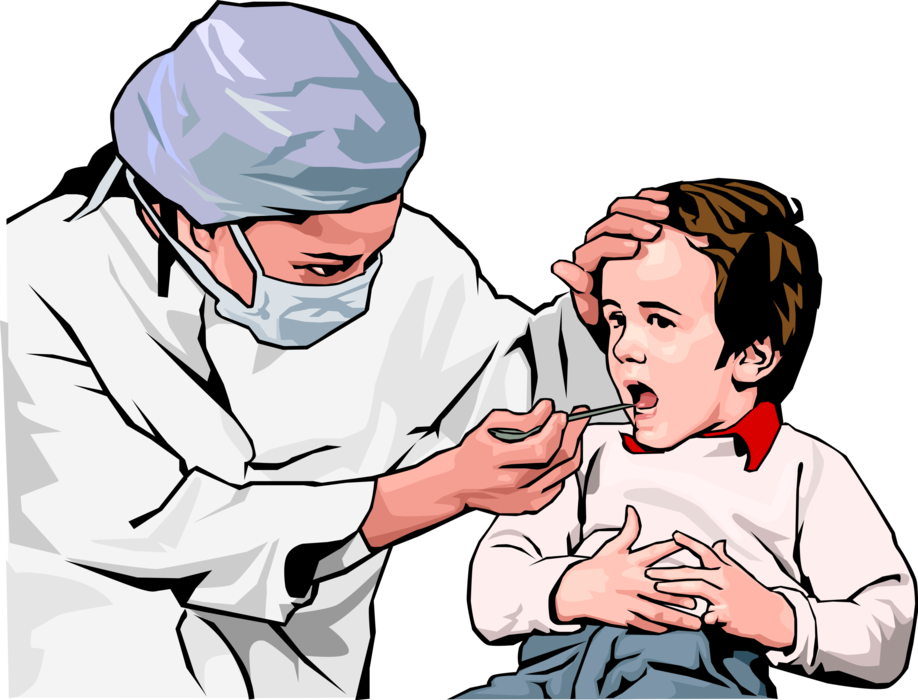 Vector Illustration of Doctor Treats Sick Child and Examines Mouth and Throat with Tongue Depressor