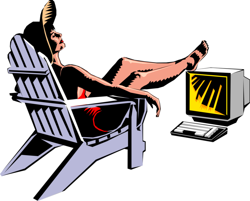 Vector Illustration of Businesswoman on Vacation Sunbathing in Lounge Chair with Computer
