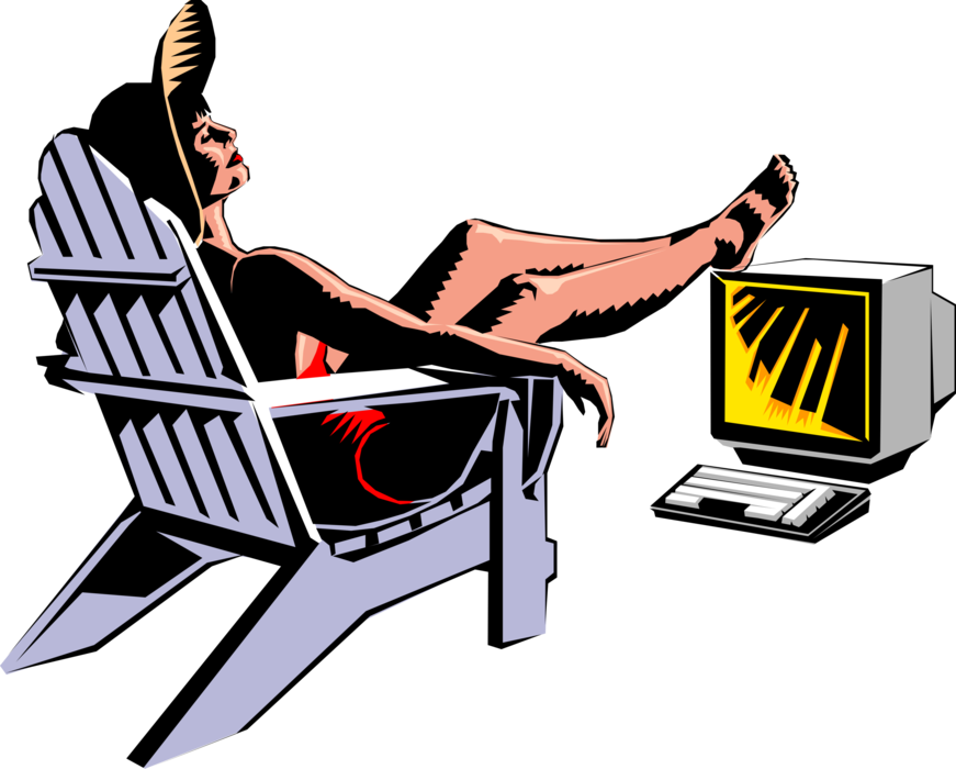 Vector Illustration of Businesswoman on Vacation Sunbathing in Lounge Chair with Computer