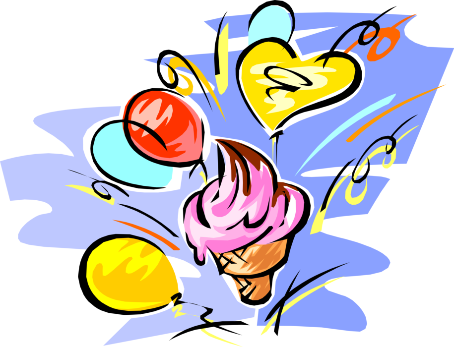 Vector Illustration of Birthday Party Ice Cream Cone with Balloons