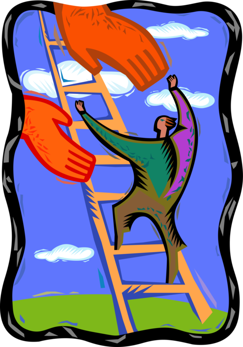 Vector Illustration of Helping Hands Guide Climber Up the Ladder