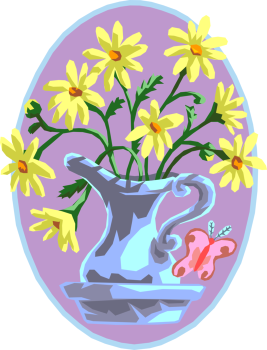 Vector Illustration of Water Pitcher with Yellow Flowers and Butterfly Winged Insect