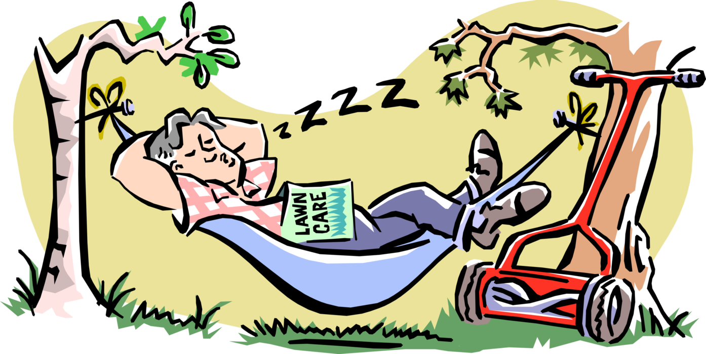 Vector Illustration of Do-It-Yourself Home Improvement Lawn Care Guy Sleeping in Hammock with Yard Work Lawn Mower