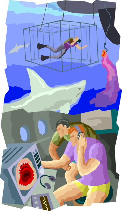 Vector Illustration of Scientific Marine Biologists Studying Marine Predator Great White Shark Social Behavior