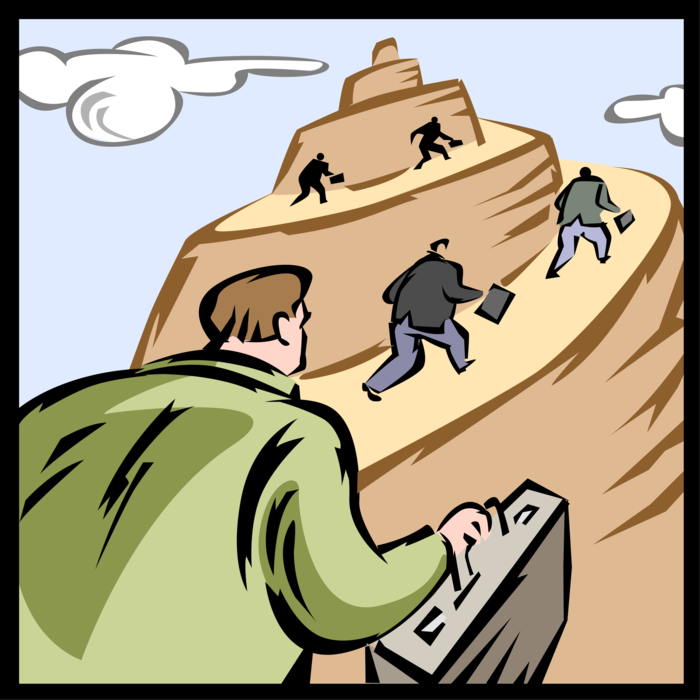 Vector Illustration of Businessmen Climbing Mountain in Race to Summit Apogee Top
