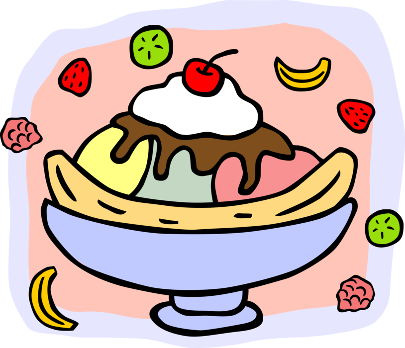 Vector Illustration of Banana Split Ice Cream Dessert Treat Topped with Cherry