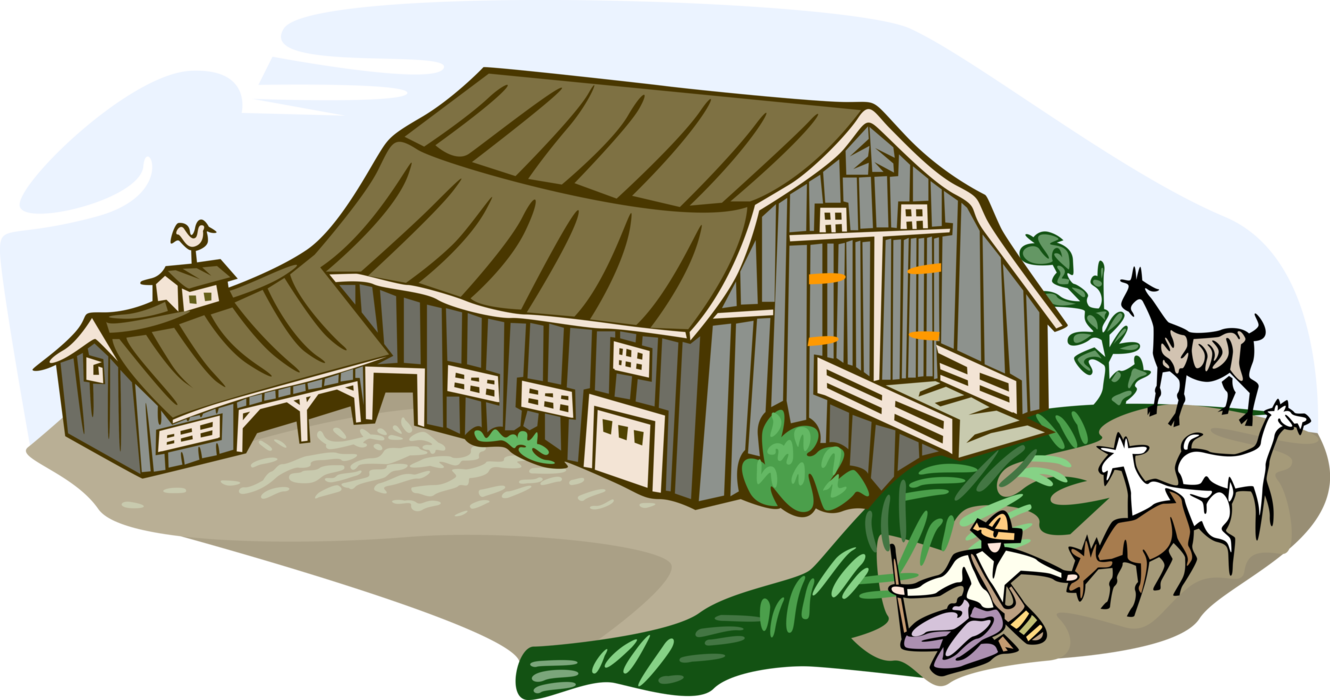 Vector Illustration of Farm Scene Barn with Farmer and Goats