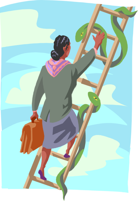 Vector Illustration of Businesswoman Climbing Ladder with Snakes Obstacles