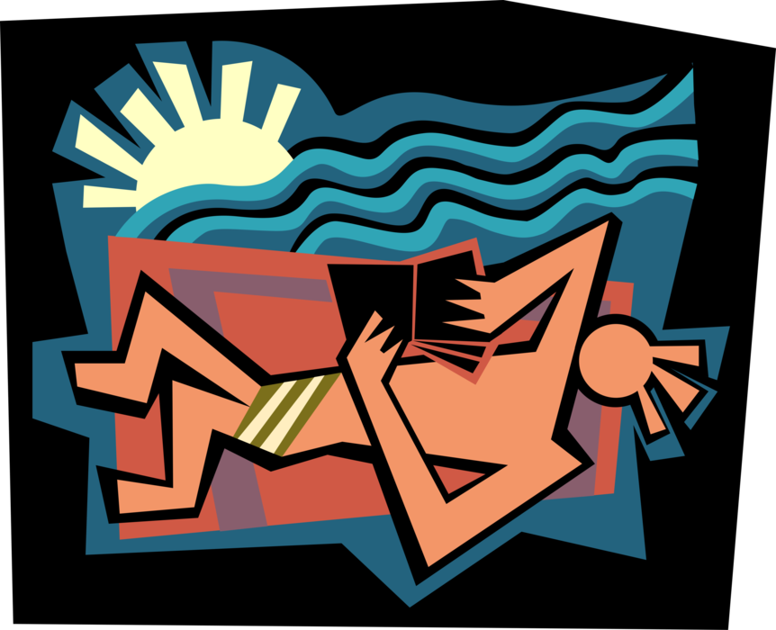 Vector Illustration of Sunbather Relaxing in Sun Reading Book