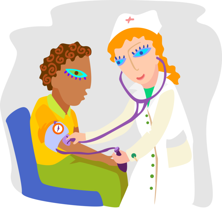 Vector Illustration of Hospital Health Care Nurse Checks Patient's Blood Pressure