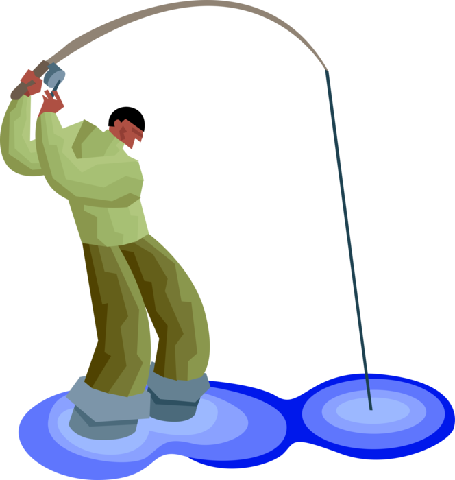 Vector Illustration of Sport Fisherman Angler Fishing Catches Fish