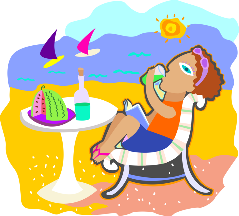 Vector Illustration of Relaxing on the Beach with Alcohol Beverage and Watermelon