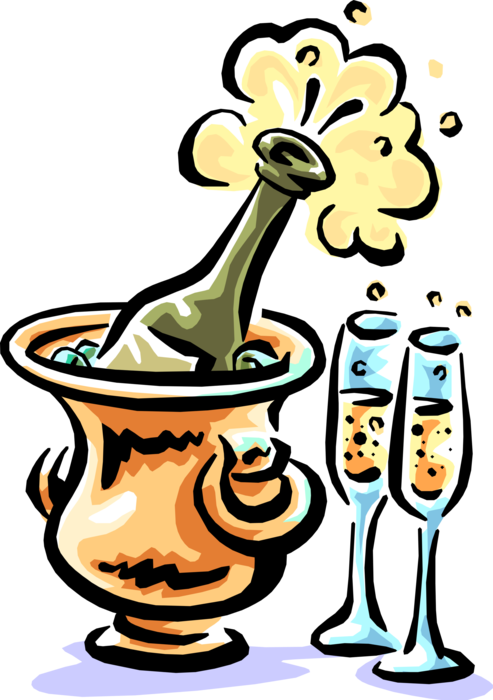 Vector Illustration of Alcohol Beverage Champagne Bottle Chilling in Ice Bucket with Glasses