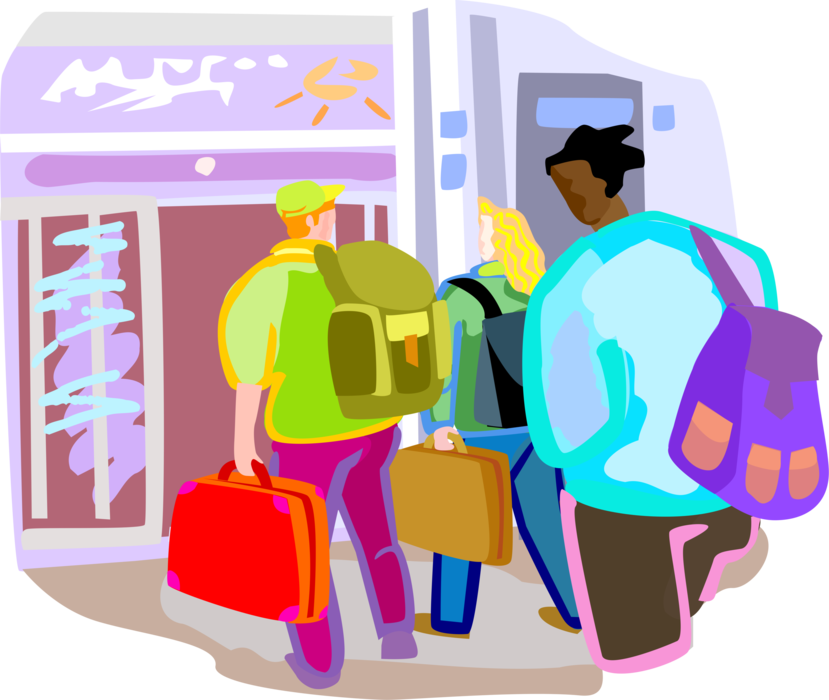 Vector Illustration of Vacation Couple Arrive at Airport Terminal for Airplane Flight