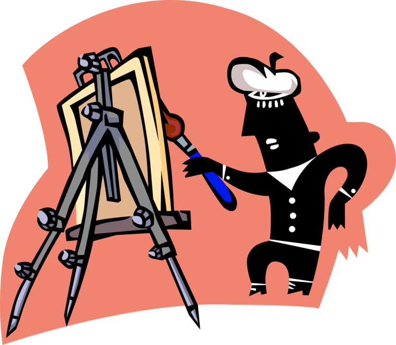 Vector Illustration of Visual Fine Arts Artist Painter Paints Painting with Easel and Canvas