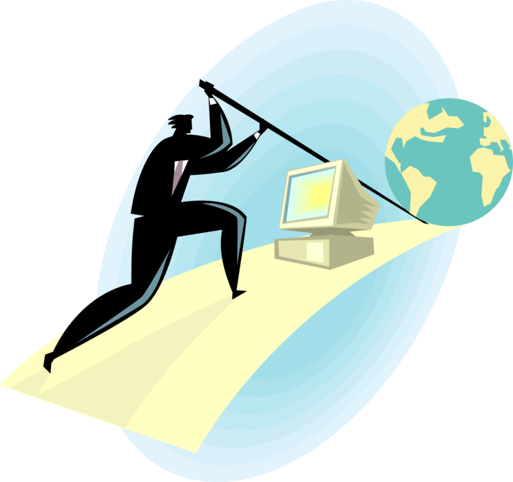 Vector Illustration of Businessman Leveraging Technology to Increase Worldwide Output