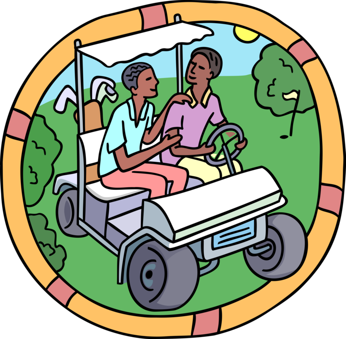 Vector Illustration of Sport of Golf Tournament with Two Men Riding in Golf Cart
