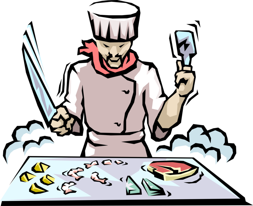 Vector Illustration of Chinese Cuisine Chef Fries Food on Hot Grill