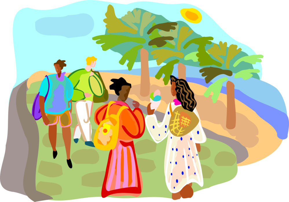 Vector Illustration of Tourists on Vacation Enjoying Walking Tour and Hike in Countryside