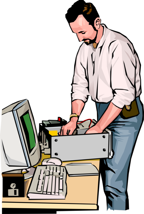 Vector Illustration of Repair Technician Fixes Electronics in Personal Computer 
