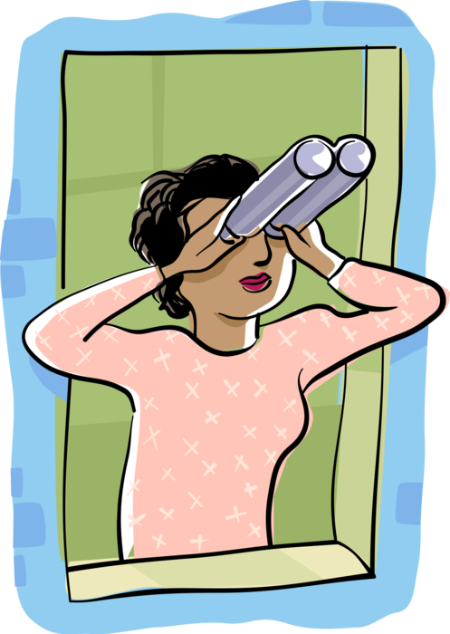 Vector Illustration of Woman with Binoculars, Field Glasses or Binocular Telescopes