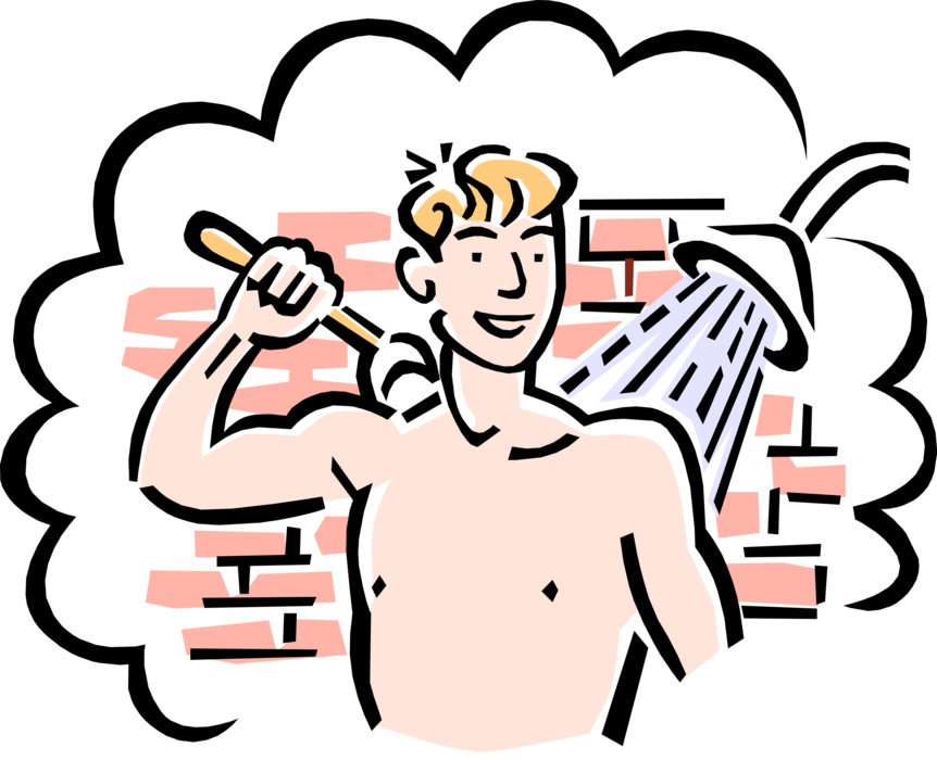 Vector Illustration of 1950's Vintage Style Teenage Boy Gets Cleans Showering with Soap