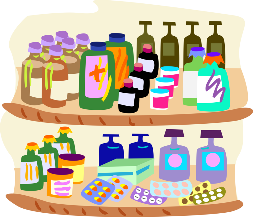 Vector Illustration of Shelves of Pharmaceutical Drug Dispensed by Medical Prescription