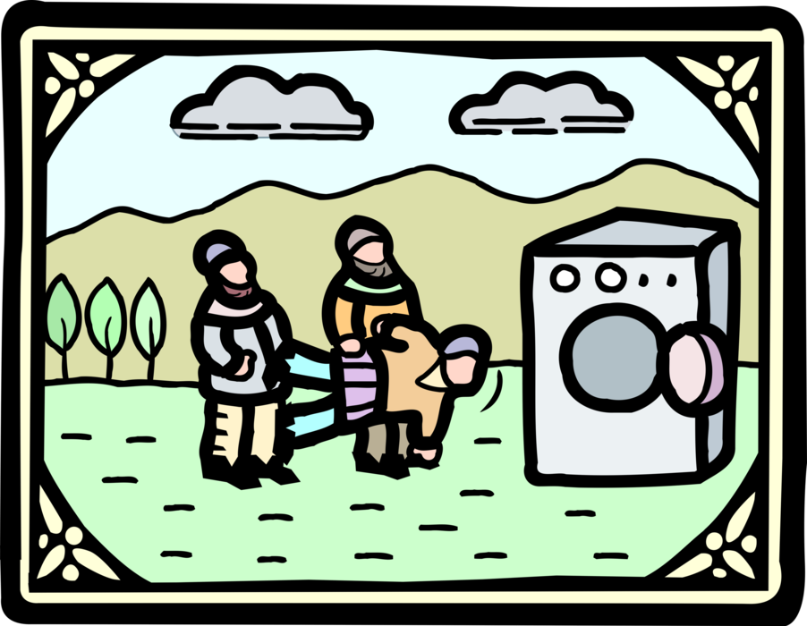 Vector Illustration of Medieval Renaissance King's Men Put Man in Clothes Dryer
