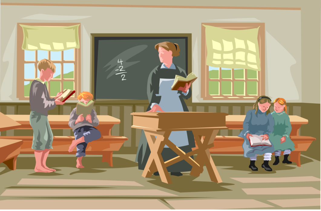 Vector Illustration of School Teacher in One-Room Schoolhouse Teaching Students Mathematics