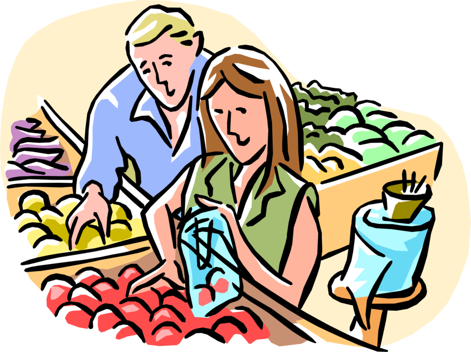 Vector Illustration of Grocery Store Shopping with Purchase of Fresh Produce Fruits and Vegetables