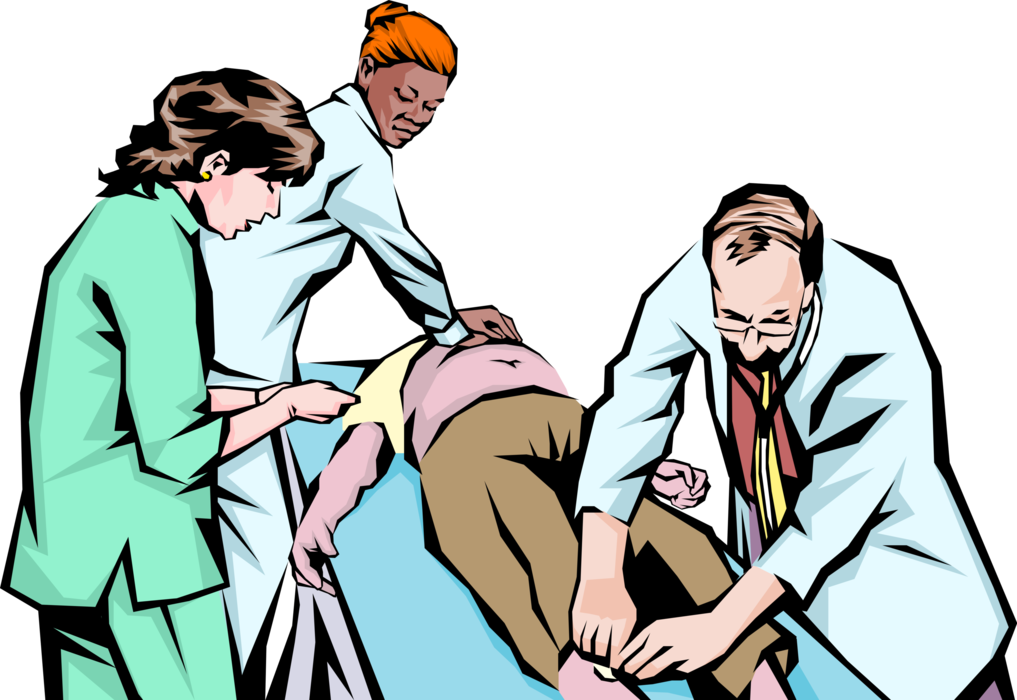 Vector Illustration of Hospital Emergency Room Team Perform CPR to Patient on Gurney