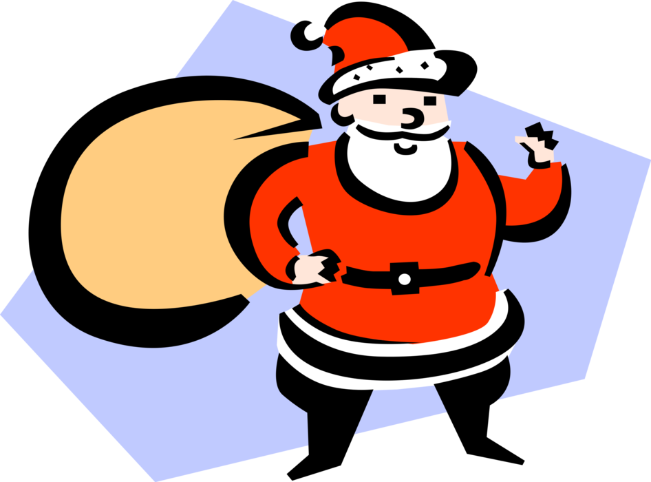 Vector Illustration of Santa Claus Holds Sack Full of Christmas Present Gifts