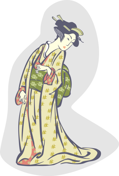 Vector Illustration of Japanese Courtesan Geisha Hostess in Traditional Garment Kimono Dress