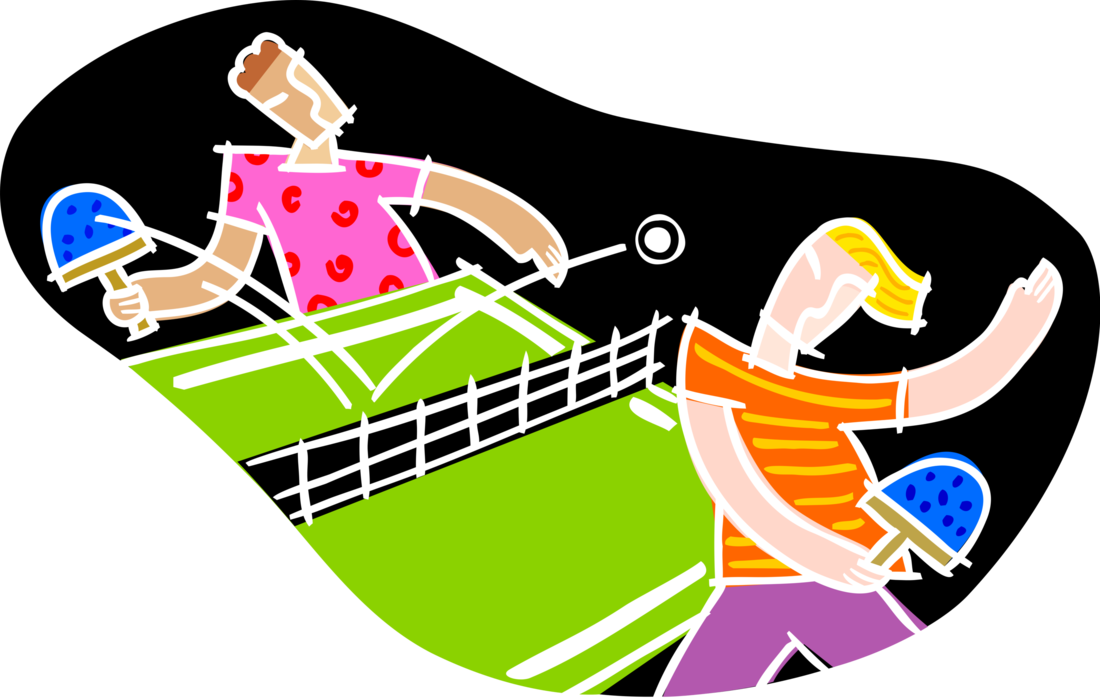 Vector Illustration of Friends Playing Game of Ping Pong Table Tennis