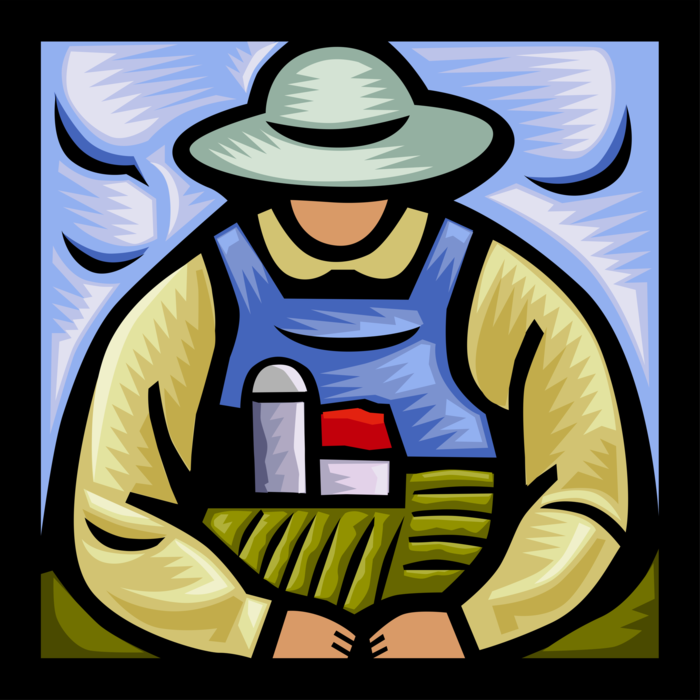 Vector Illustration of Ecologically Minded Farmer with Loving Arms Around His Farm