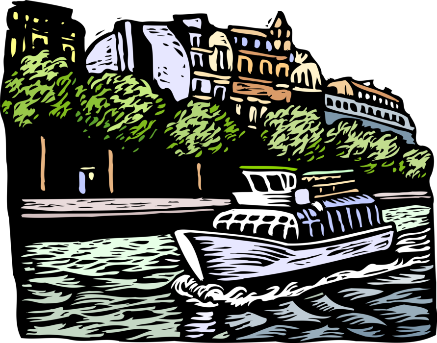 Vector Illustration of European Tour Boat Cruise on Canal Waterway