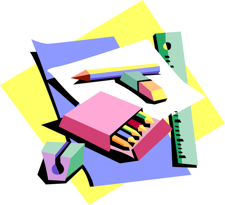 Vector Illustration of School Classroom Education and Learning Colored Pencils with Eraser and Ruler
