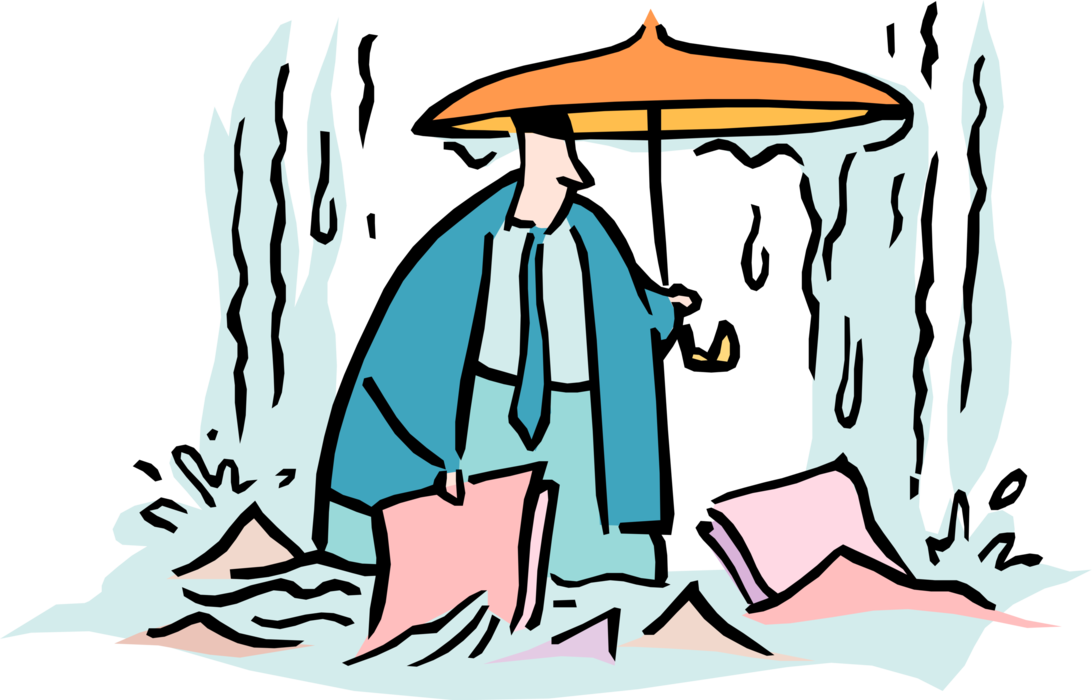 Vector Illustration of Businessman with Umbrella in Torrential Rainstorm and Flood with Project File