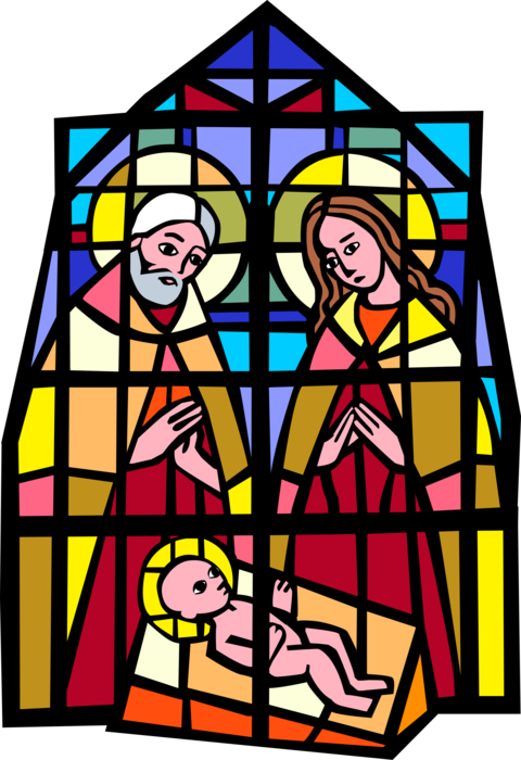 Vector Illustration of Christian Church Cathedral House of Worship Stained Glass Jesus, Joseph, Mary Nativity