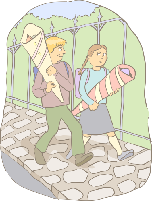 Vector Illustration of Students Walking to School with Homework Projects