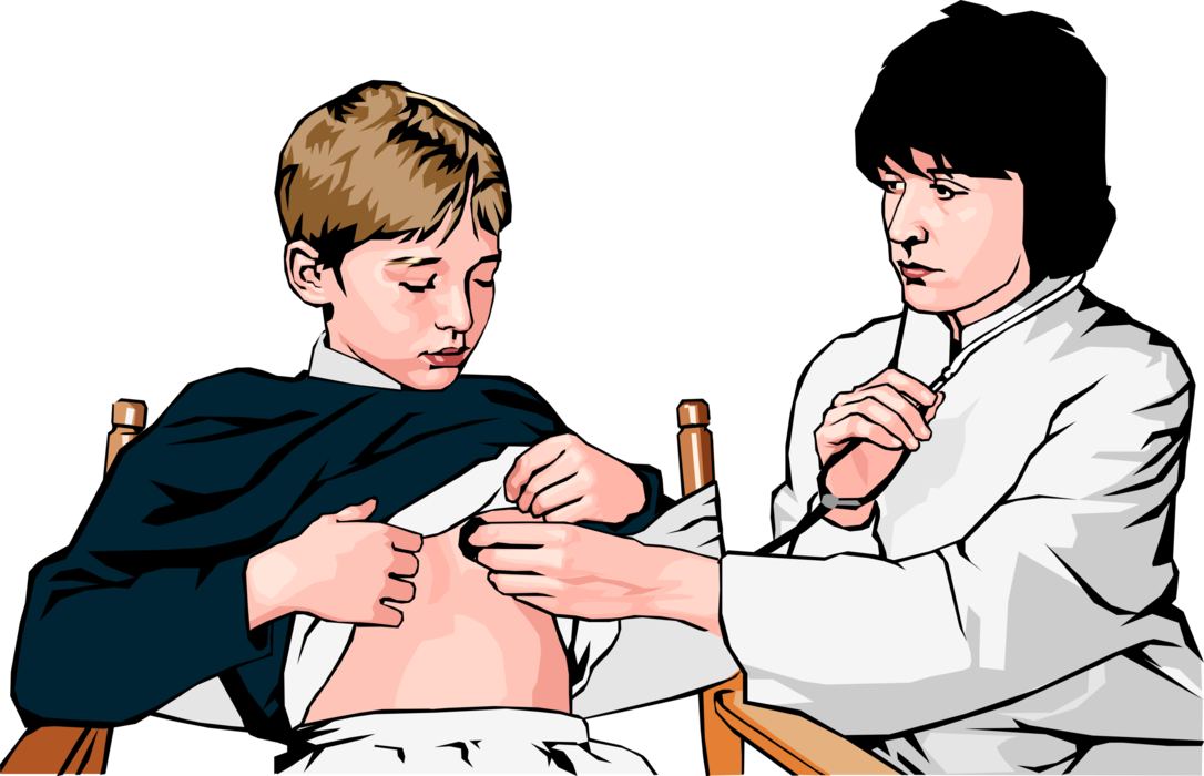 Vector Illustration of Family Doctor Listening to Boy's Heart with Stethoscope During Annual Checkup